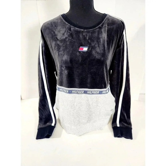 Vintage Tommy Hilfiger Velour Pullover Black & Gray Mens Size Medium - Picture 1 of 7